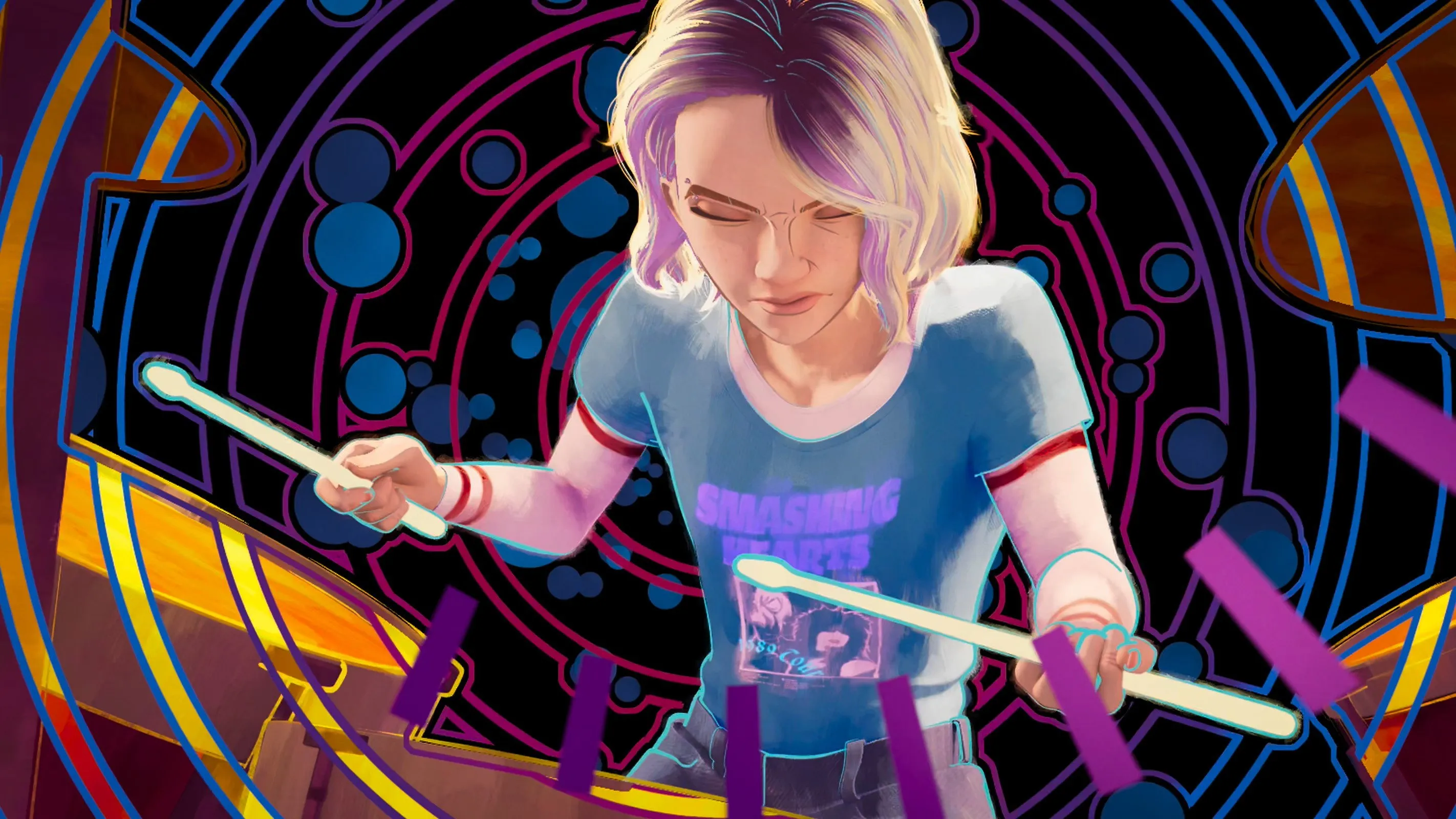 Gwen playing drums, official still from Across the Spider-Verse